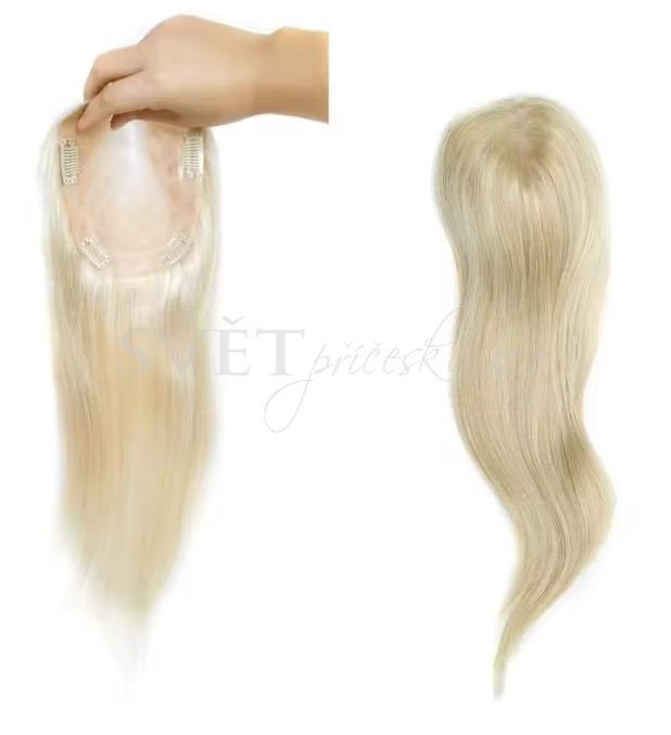 Luxusní topper tupé na monofilu s pěšinkou a velkou základnou - melír s popelavou blond