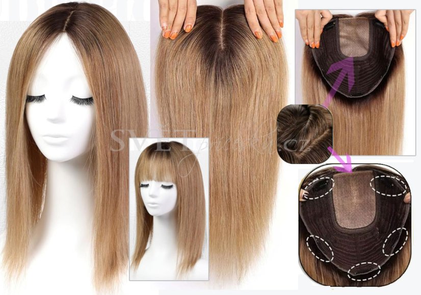 Typ 6 - ombré hnědé tupé topper, bohaté pro dlouhé vlasy - s ofinkou i bez ofinky