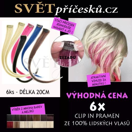 Sada 6ks clip in pramenů - délka 20cm - pravé vlasy - Barva lidské: fialová