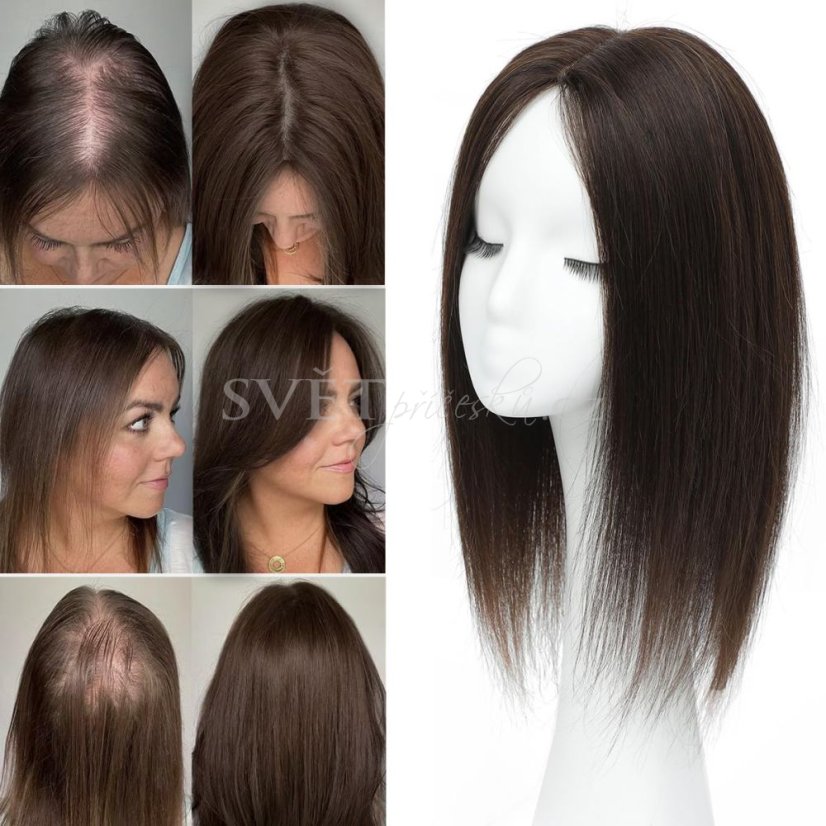 Dlouhé bohaté tupé - pravé vlasy - topper, paruka - Barva lidské: 4 - středně hnědá, Ofinka: S ofinkou