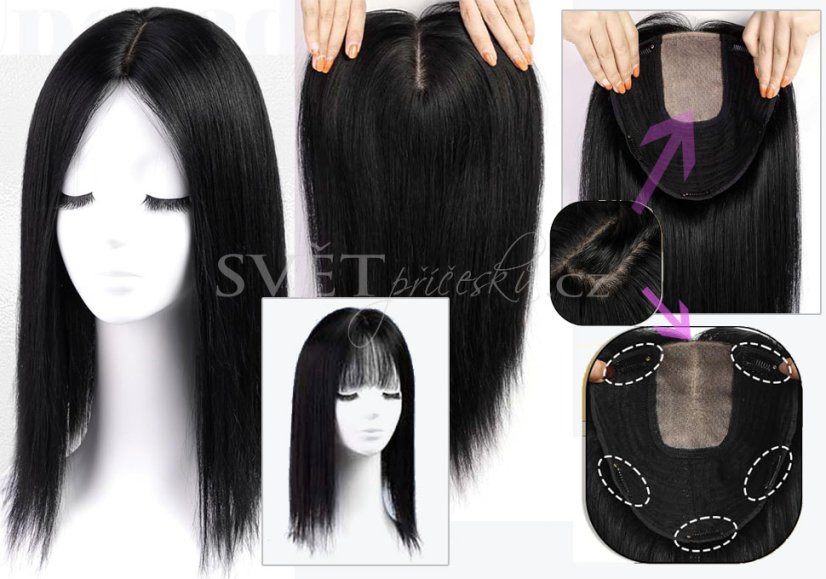 Černé tupé topper, bohaté pro dlouhé vlasy - s ofinkou i bez ofinky