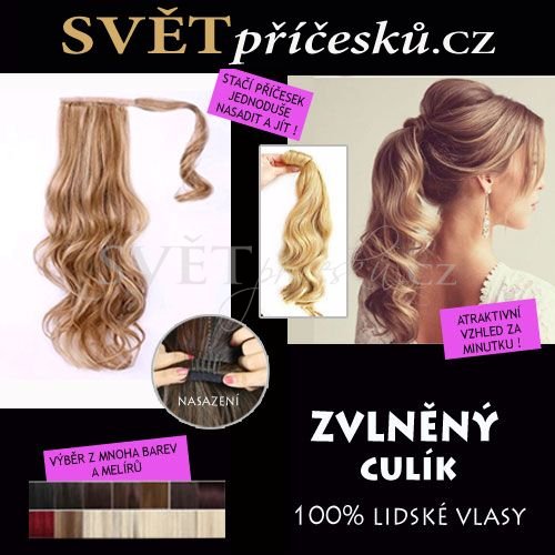 Zvlněný culík s omotávkou - pravé vlasy - 40cm - mnoho barev a melírů - Barva lidské: 60 - nejsvětlejší blond