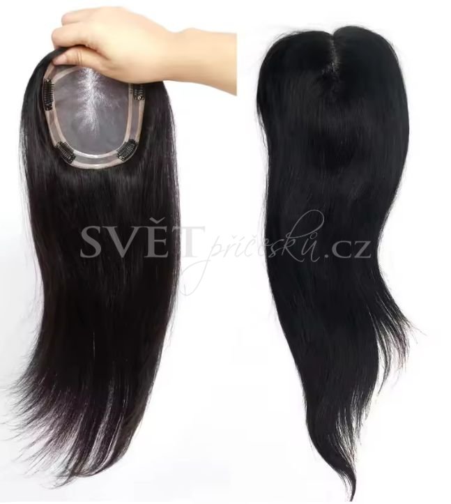 Luxusní topper tupé na monofilu s pěšinkou a velkou základnou - barva nejtmavší hnědá