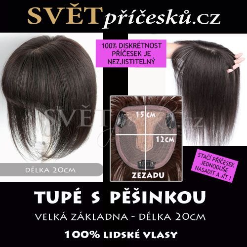 Tupé se širokou základnou a pěšinkou - 20cm - pravé vlasy - Barva lidské: 1B - nejtmavší hnědá
