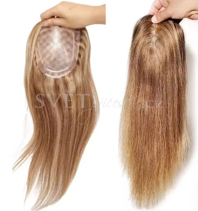 Luxusní topper tupé na monofilu s pěšinkou a velkou základnou - melír hnědá s měděnou