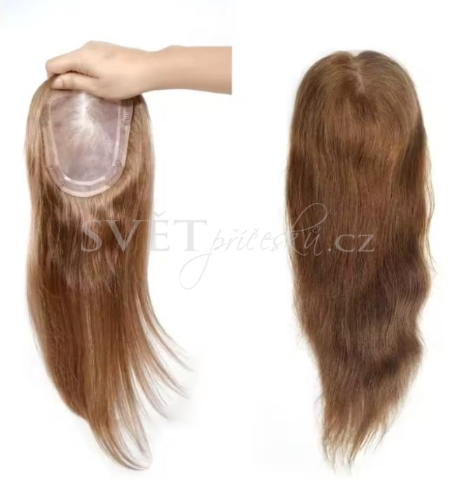 Luxusní topper tupé na monofilu s pěšinkou a velkou základnou - barva kaštanově hnědá