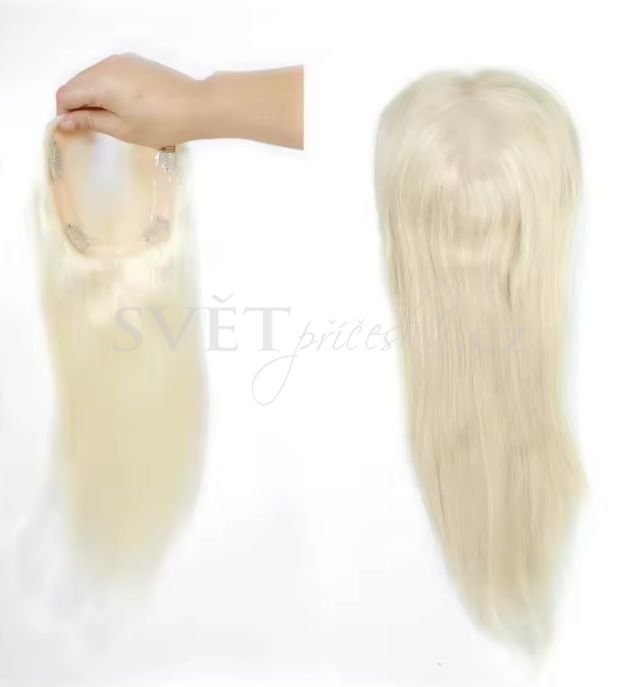 Luxusní topper tupé na monofilu s pěšinkou a velkou základnou - barva nejsvětlejší blond