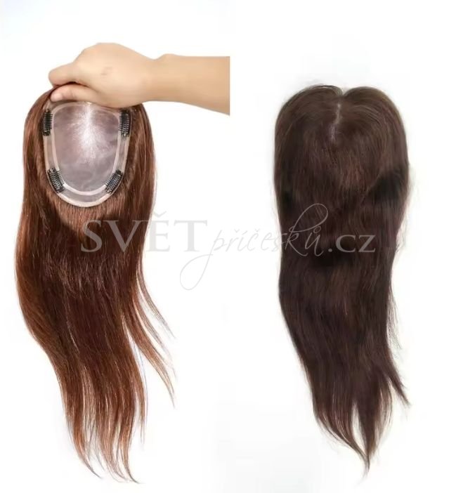 Luxusní topper tupé na monofilu s pěšinkou a velkou základnou - barva středně hnědá