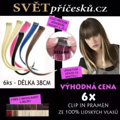 Sada 6ks clip in pramenů - délka 38cm - pravé vlasy