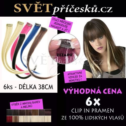 Sada 6ks clip in pramenů - délka 38cm - pravé vlasy - Barva lidské: růžová