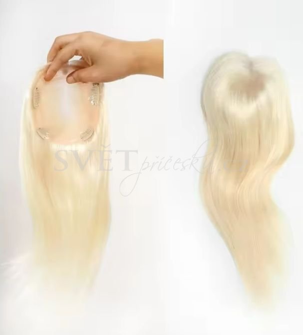 Luxusní topper tupé na monofilu s pěšinkou a velkou základnou - barva plavá blond