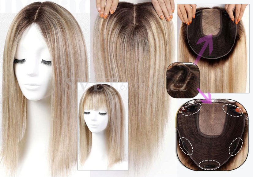 Typ 8 - blond s melírem - tupé topper, bohaté pro dlouhé vlasy - s ofinkou i bez ofinky